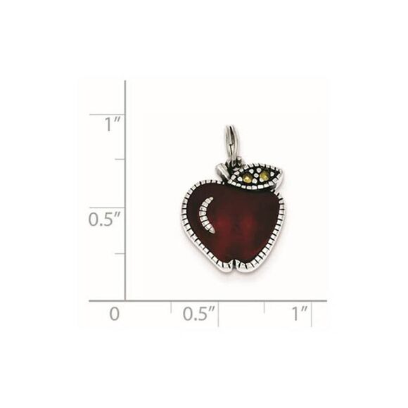 Sterling Silver, Marcasite and Red Enamel Antiqued Apple Charm - Picture 2 of 4